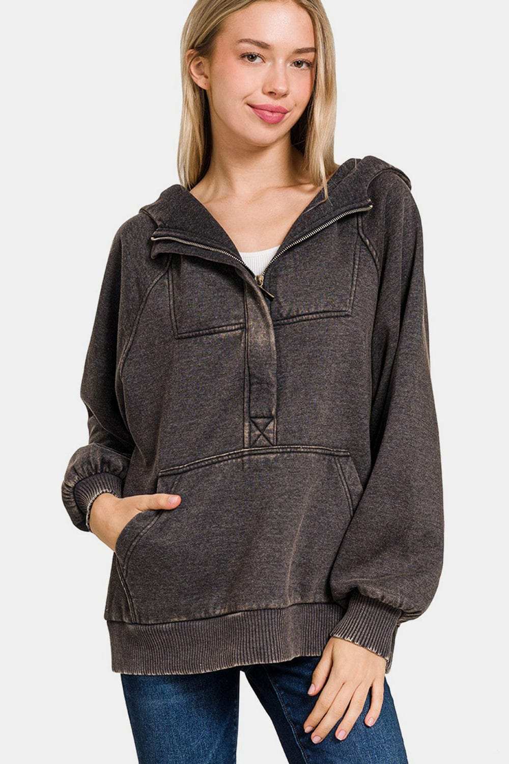 Zenana Acid Wash Fleece Kangaroo Hoodie - Trendsi - Flyclothing LLC