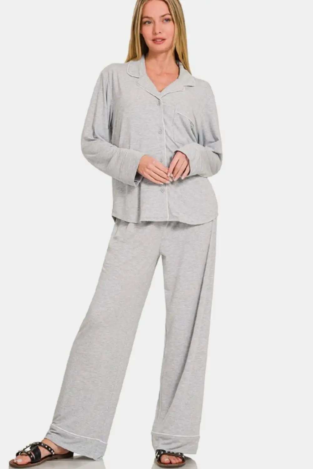 Zenana Button Down Long Sleeve Top and Pants Lounge Set - Trendsi - Flyclothing LLC