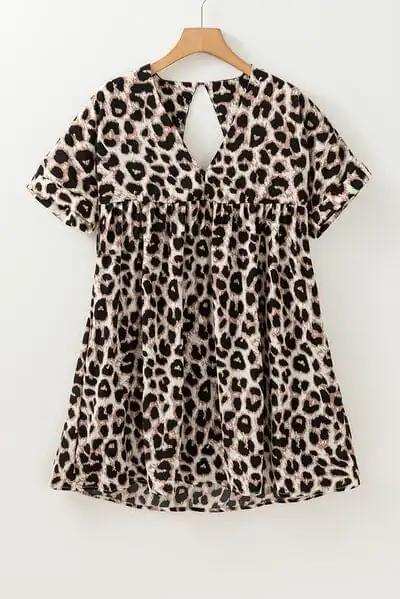 Cutout Back Leopard V-Neck Short Sleeve Mini Dress - Trendsi - Flyclothing LLC