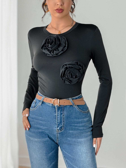 Perfee Flower Round Neck Long Sleeve Bodysuit - Trendsi - Flyclothing LLC