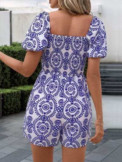 Perfee Printed Smocked Square Neck Puff Sleeve Romper - Trendsi - Flyclothing LLC