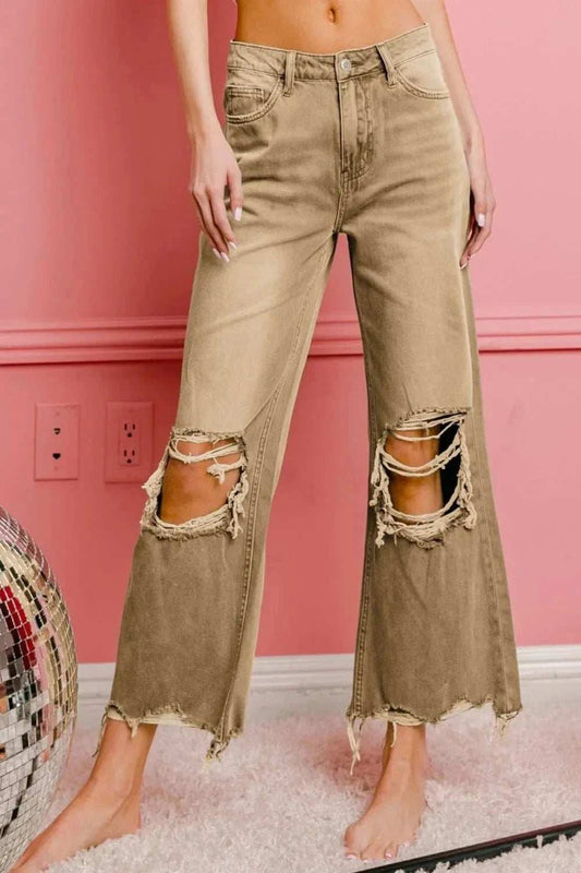 BiBi Distressed Vintage Washed Wide Leg Pants - Trendsi - Flyclothing LLC