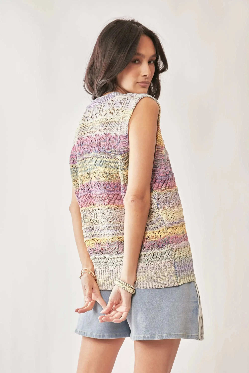 Davi & Dani Multi Color Crochet Sleeveless Knit Vest Top - Trendsi - Flyclothing LLC