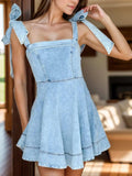 Square Neck Tie Shoulder Denim Dress - Trendsi - Flyclothing LLC