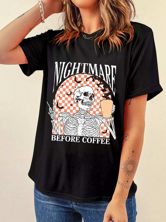 Halloween Skull Checkerboard Graphic Round Neck T-Shirt - Trendsi - Flyclothing LLC