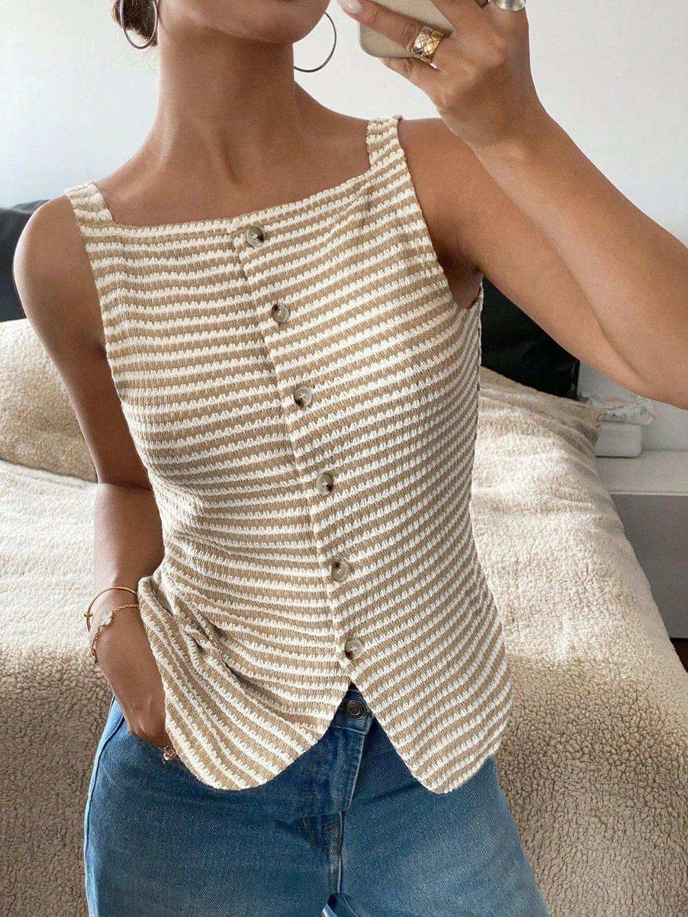 Button Down Striped Tank - Trendsi - Flyclothing LLC