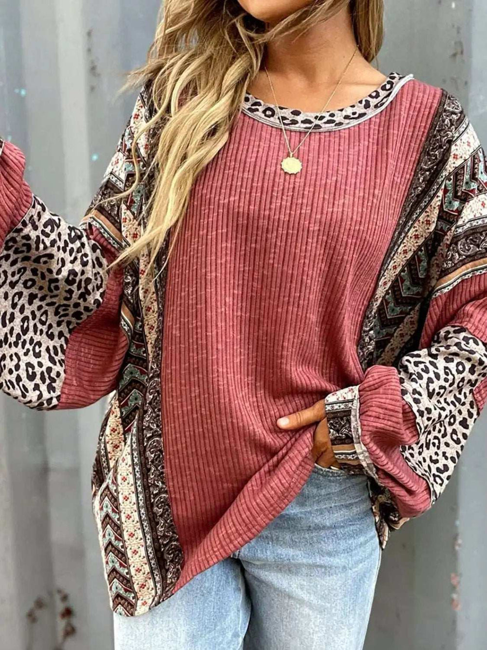 Leopard Round Neck Long Sleeve Sweatshirt - Trendsi - Flyclothing LLC
