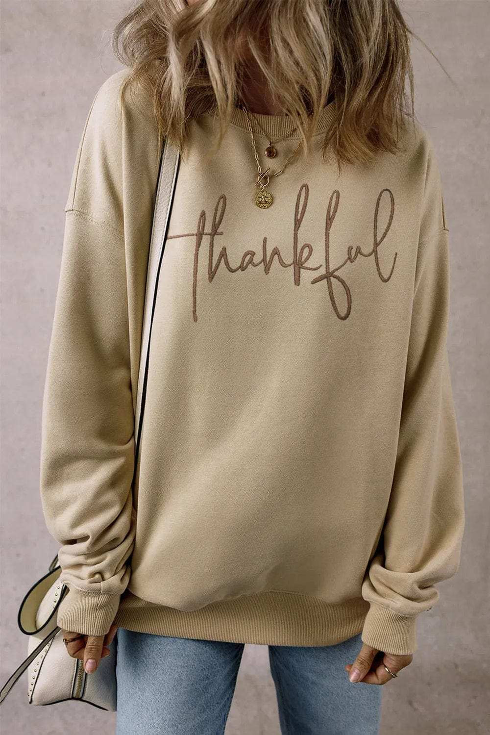 THANKFUL Round Neck Long Sleeve Sweatshirt - Trendsi - Flyclothing LLC