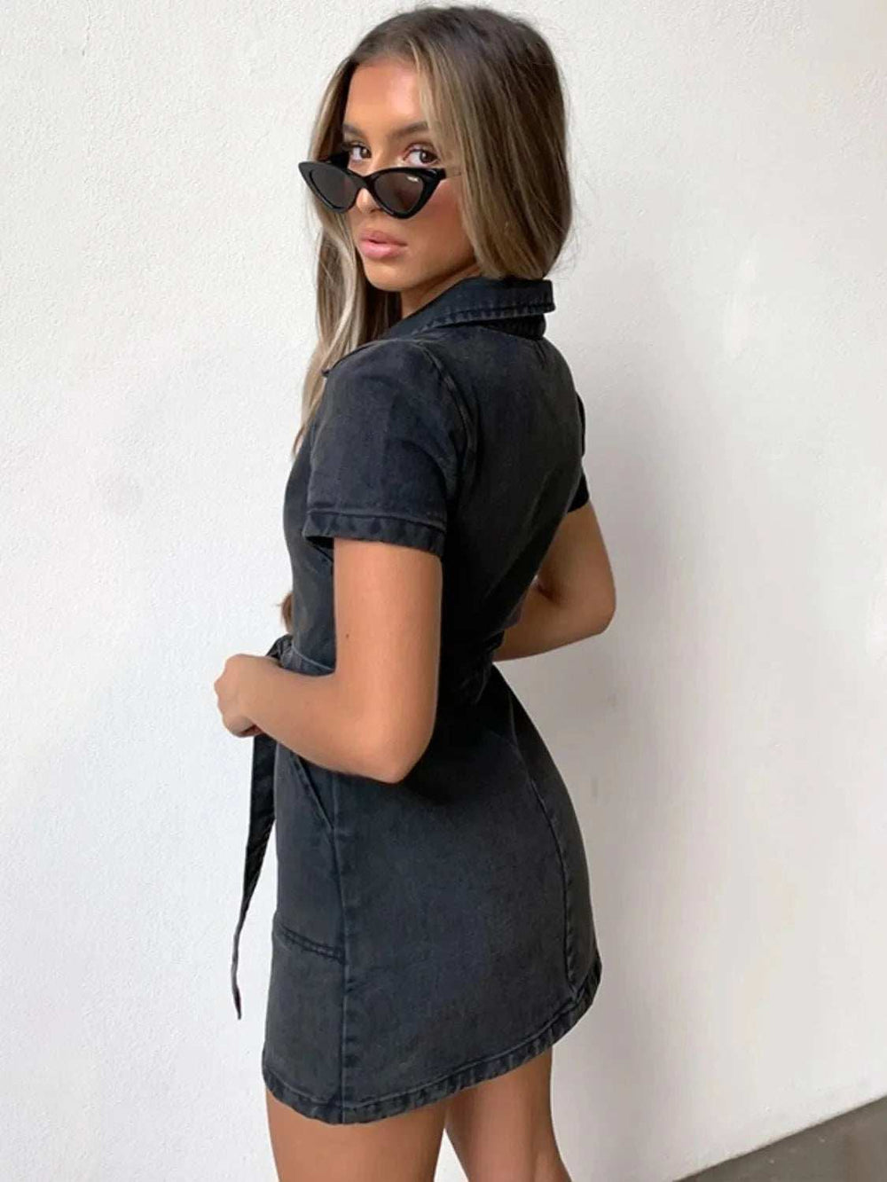 Full Size Zip Front Short Sleeve Denim Dress Plus Size - Trendsi - Flyclothing LLC