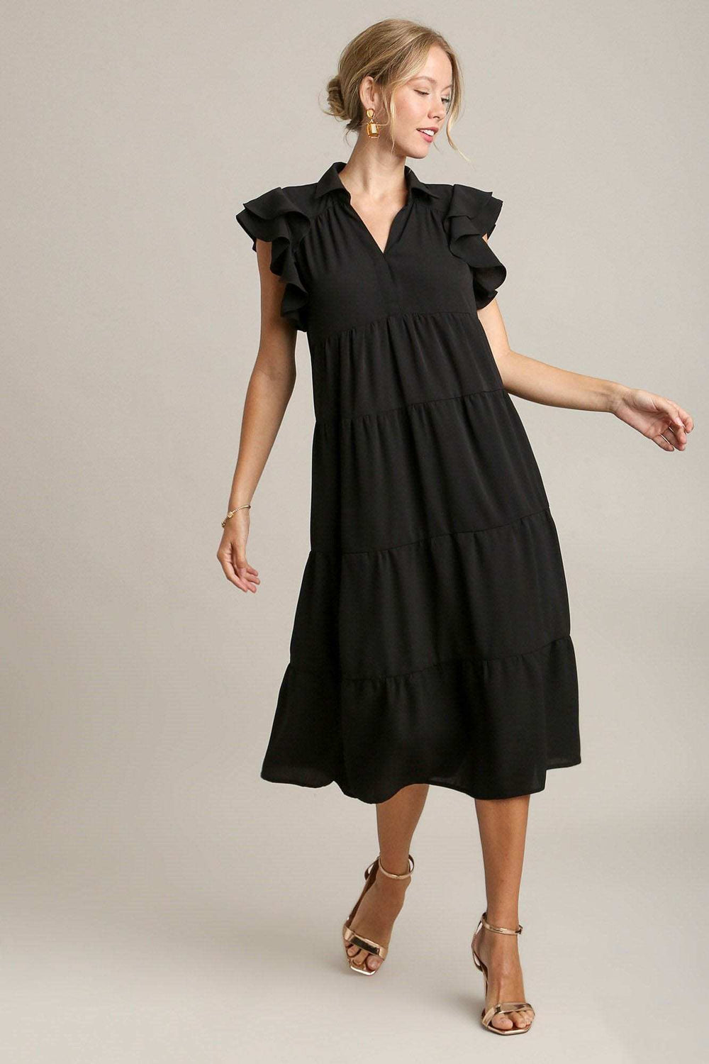 Umgee Full Size Johnny Collar Ruffle Cap Sleeve Tiered Dress Plus Size - Trendsi - Flyclothing LLC