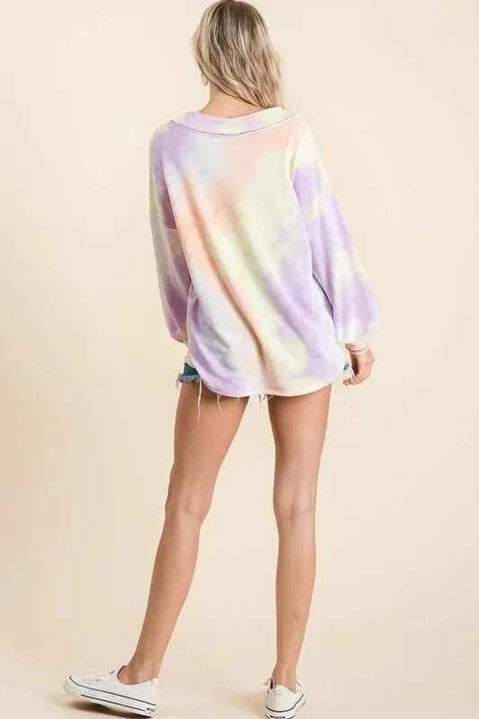 BiBi Tie Dye French Terry V-Neck Top with Puff Sleeves - Trendsi - Flyclothing LLC