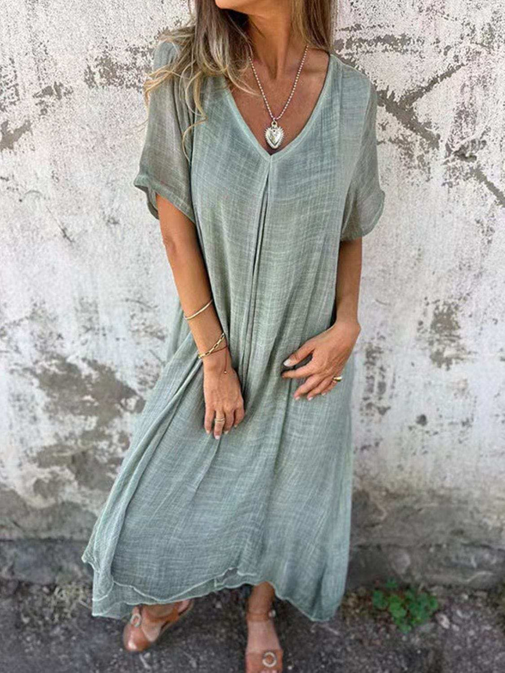 Full Size V-Neck Short Sleeve Midi Dress Plus Size - Trendsi - Flyclothing LLC