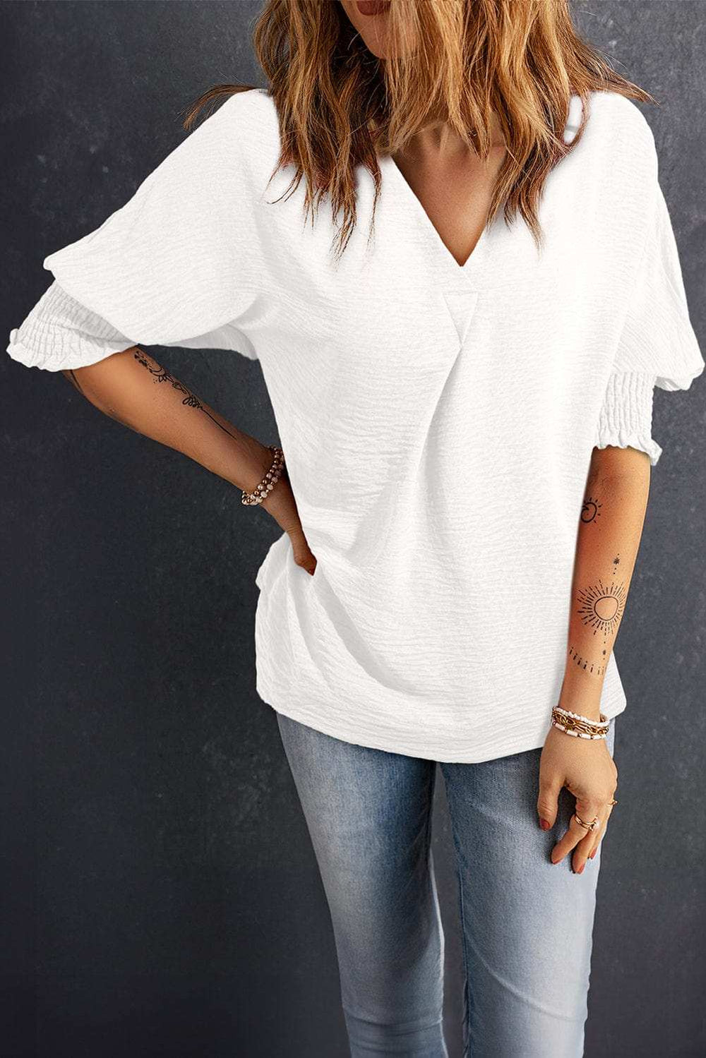 Smocked Johnny Collar Half Sleeve Blouse - Trendsi - Flyclothing LLC