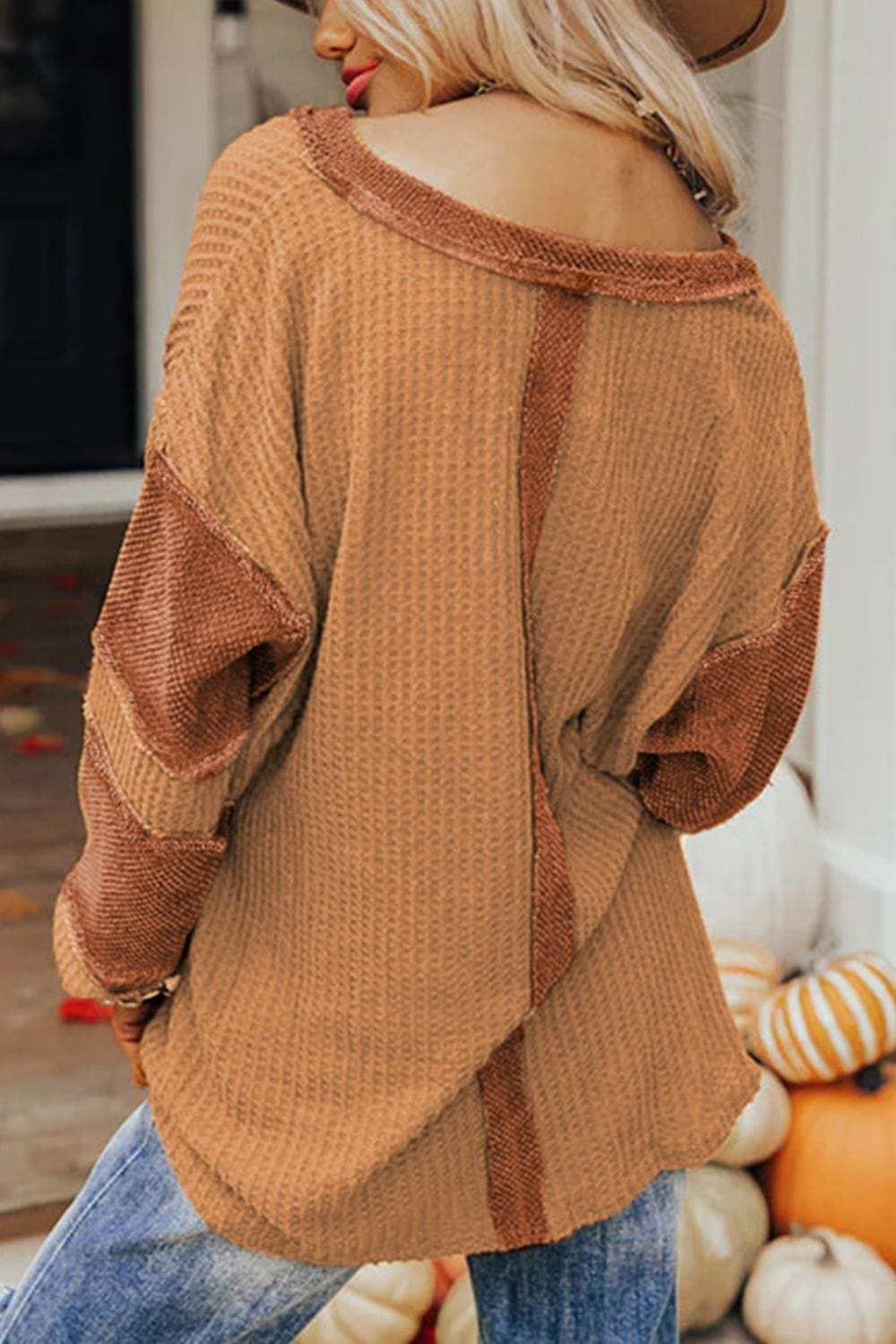 Contrast Patched Exposed Seam Waffle Knit Henley Top - Trendsi - Flyclothing LLC