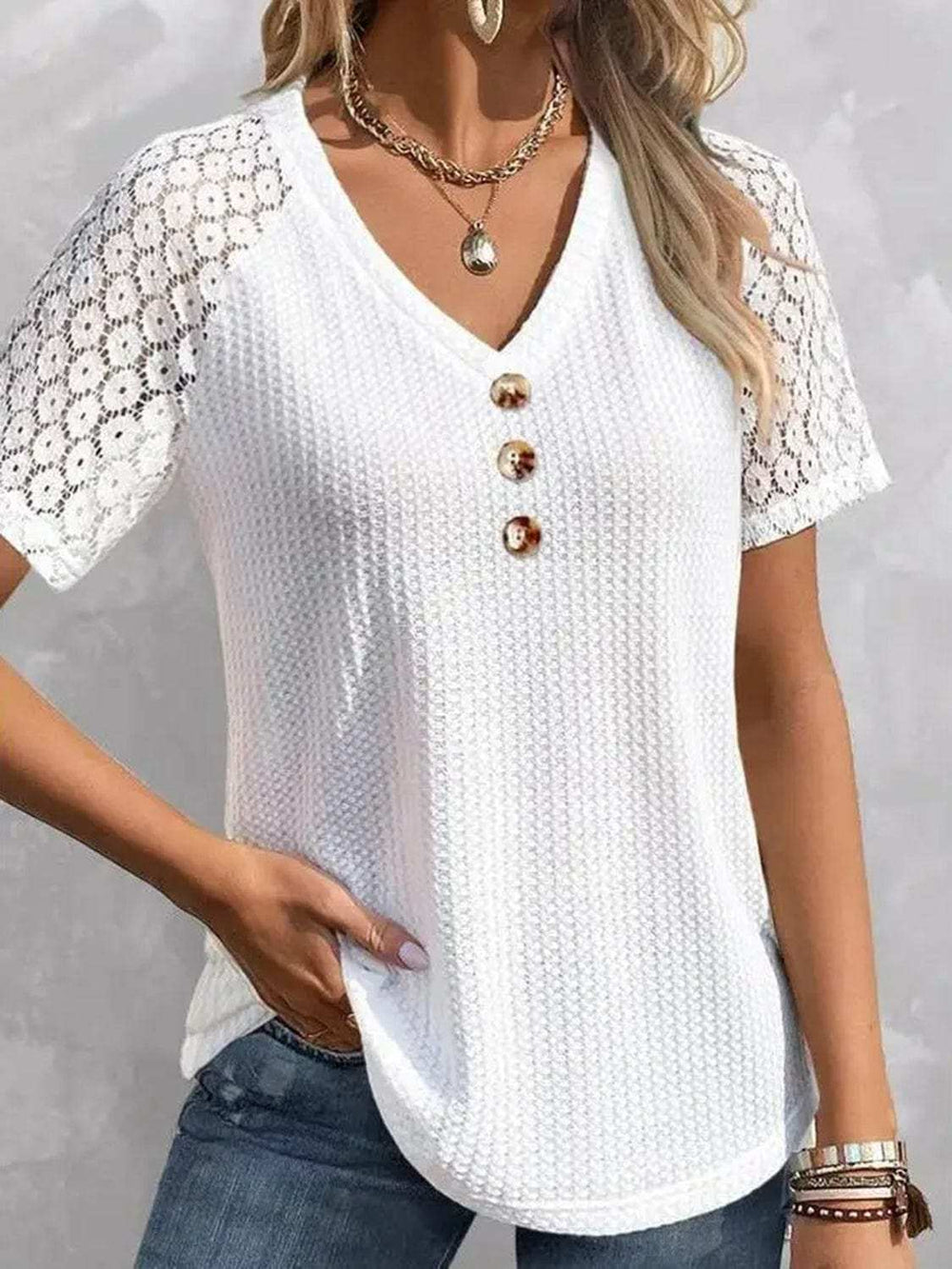 Waffle-Knit V-Neck Short Sleeve Top - Trendsi - Flyclothing LLC