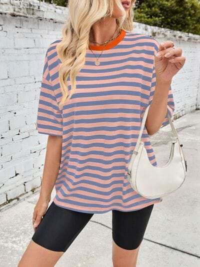 Lovelet Striped Round Neck Half Sleeve T-Shirt - Trendsi - Flyclothing LLC