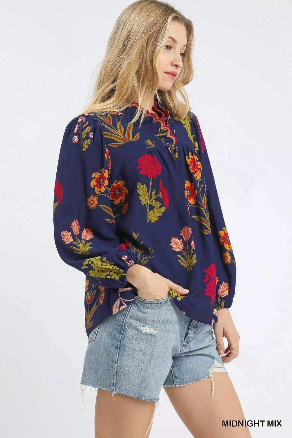 Umgee Flower Print Blouse with Scalloped Neckline - Trendsi - Flyclothing LLC