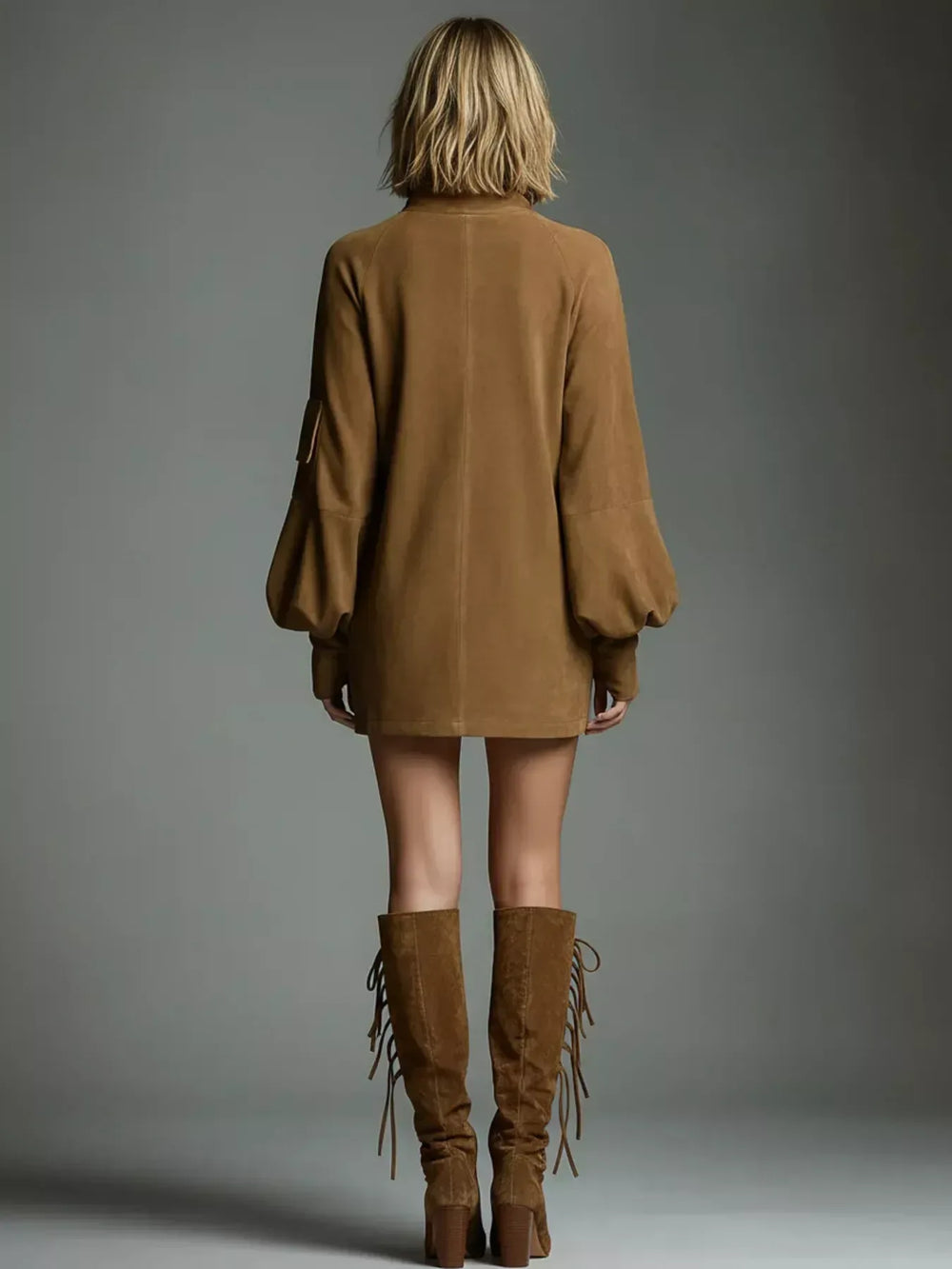 Full Size Suede Turtleneck Lantern Sleeve Mini Dress Plus Size - Trendsi - Flyclothing LLC