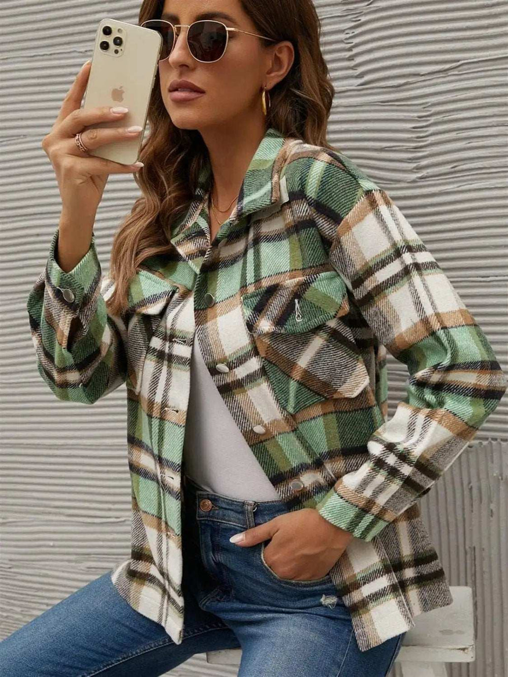 Plaid Collared Neck Long Sleeve Jacket - Trendsi - Flyclothing LLC