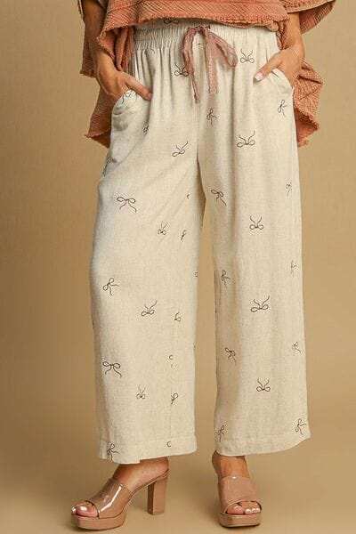 Umgee Full Size Lace Drawstring Embroidered Bow Wide Leg Pants Plus Size - Trendsi - Flyclothing LLC