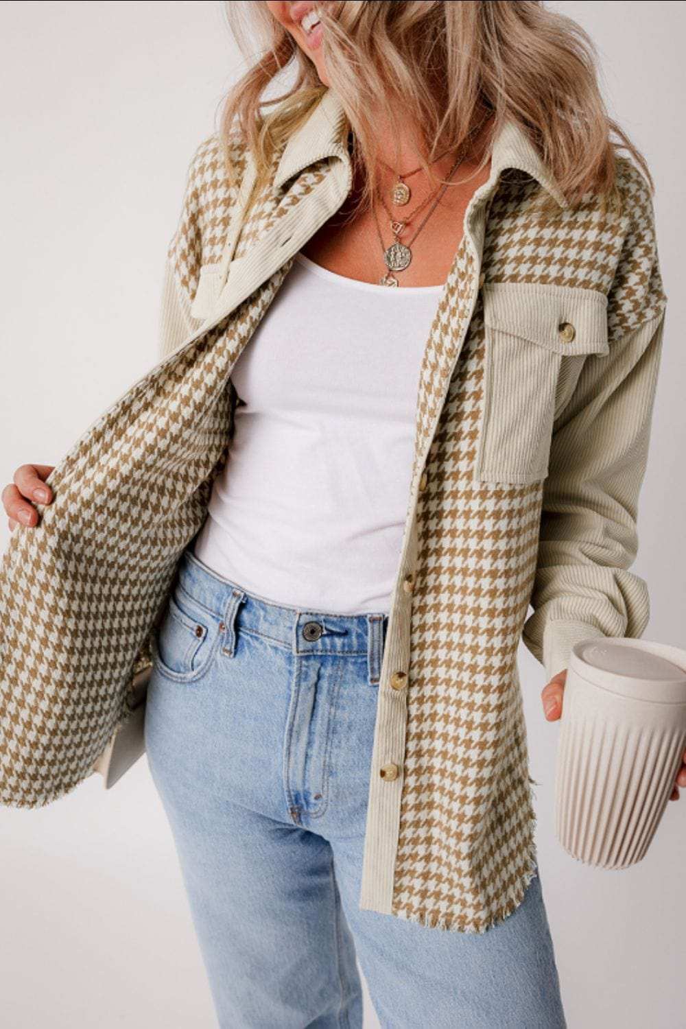 Houndstooth Button Up Long Sleeve Jacket - Trendsi - Flyclothing LLC