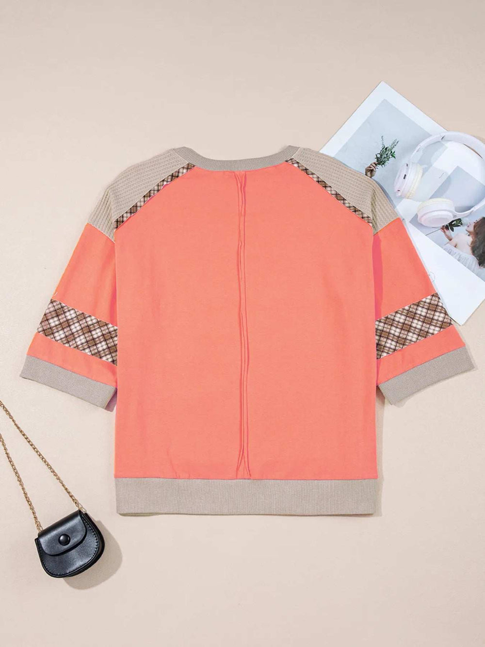 Plaid Waffle Flower Patchwork Contrast Top - Trendsi - Flyclothing LLC