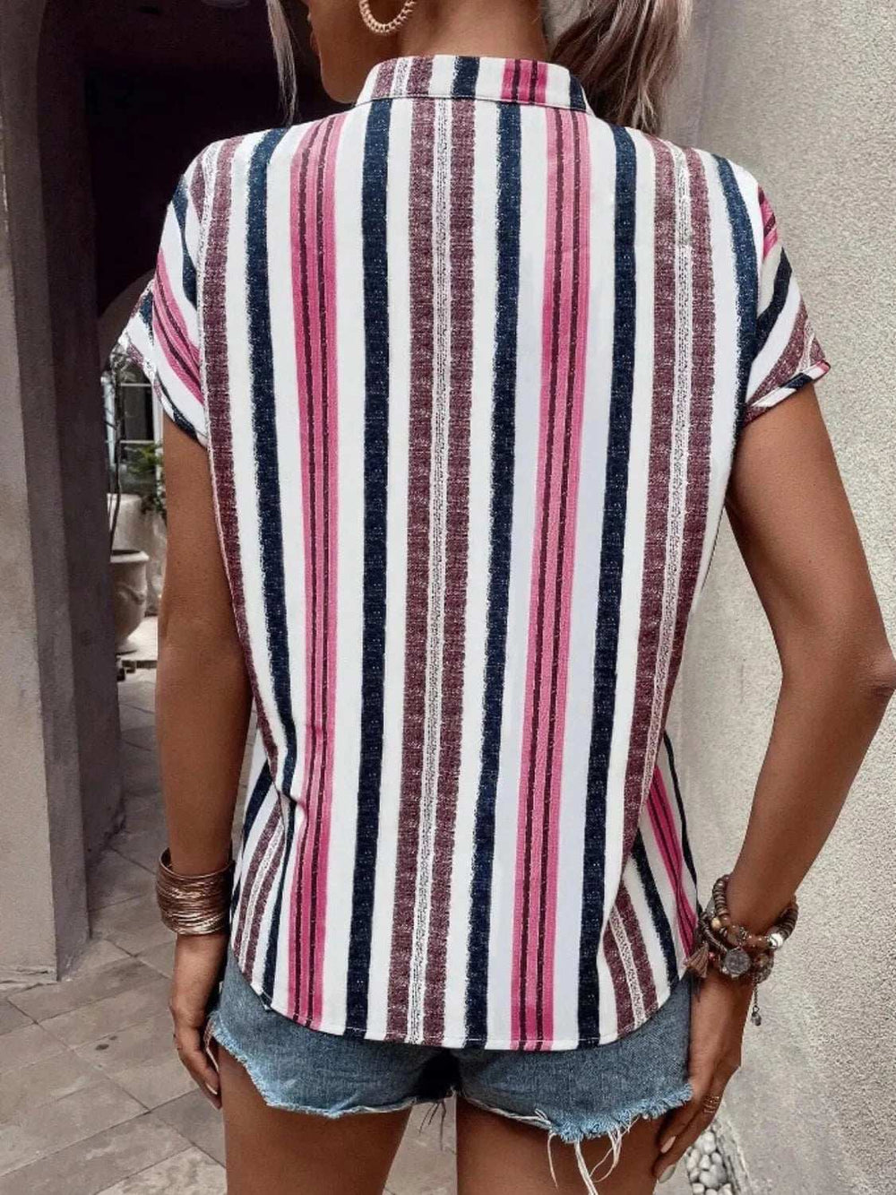 Striped Notched Short Sleeve Shirt - Trendsi - Flyclothing LLC