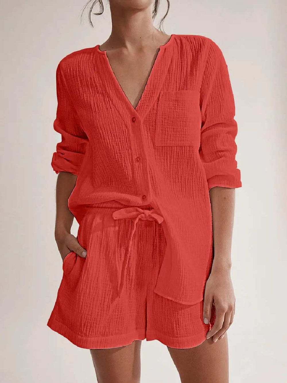 Notched Long Sleeve Top and Shorts Set - Trendsi - Flyclothing LLC