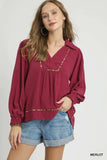 Umgee Full Size Linen Scallop Hem Blouse with Contrast Trim Plus Size - Trendsi - Flyclothing LLC