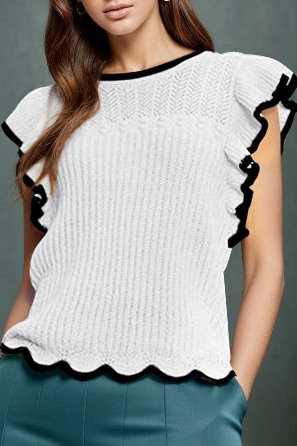 Ruffled Round Neck Cap Sleeve Knit Top - Trendsi - Flyclothing LLC