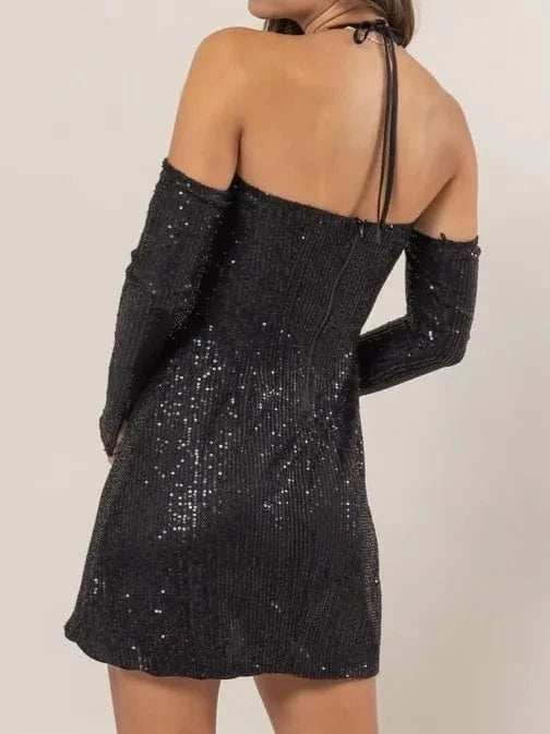 HYFVE Sequin Rosette Halter Mini Dress - Trendsi - Flyclothing LLC