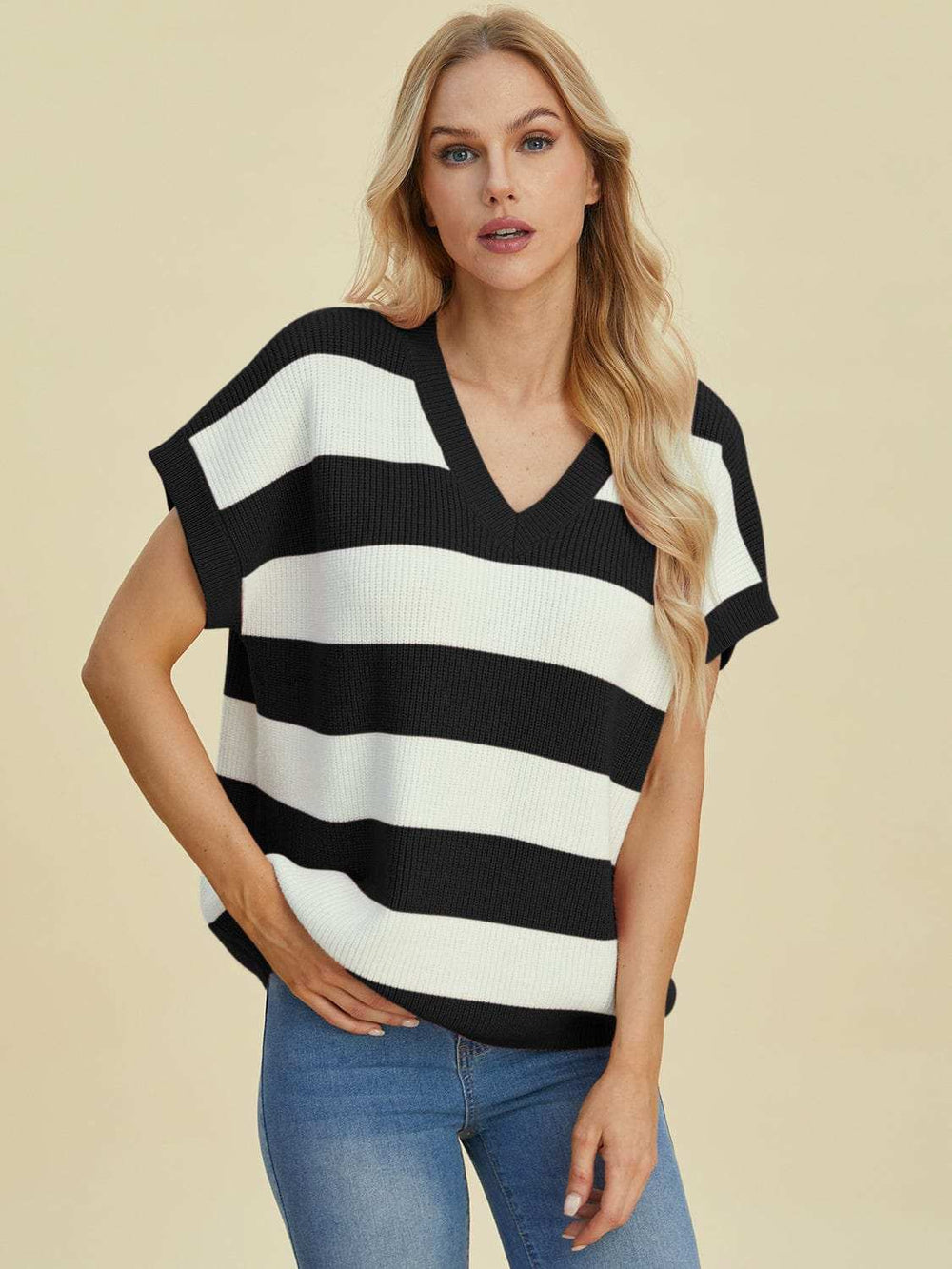 Double Take Full Size Striped V-Neck Short Sleeve Sweater - Trendsi - Flyclothing LLC