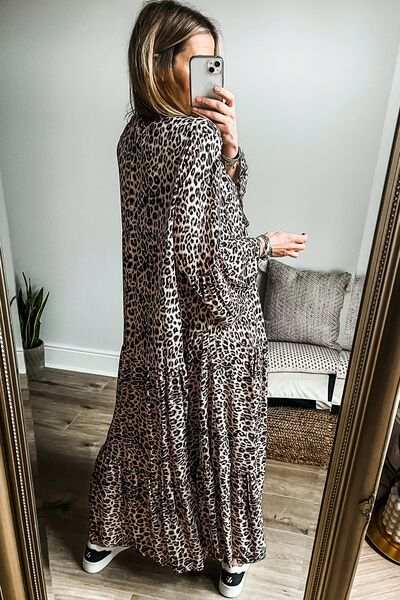 Leopard Notched Long Sleeve Maxi Dress - Trendsi - Flyclothing LLC