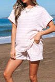 Stripe Knitted Short Sleeve Top and Drawstring Shorts Set - Trendsi - Flyclothing LLC