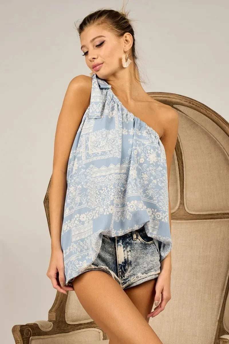 BiBi Aztec Printed Woven Tied Ribbon One Shoulder Top - Trendsi - Flyclothing LLC