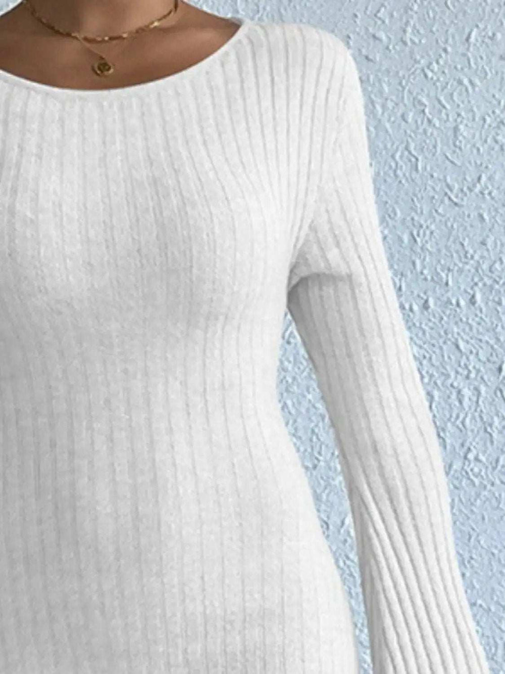 Backless Round Neck Long Sleeve Sweater Dress - Trendsi - Flyclothing LLC