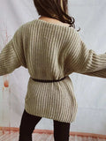 Boat Neck Long Sleeve Sweater with Belt - Trendsi - Flyclothing LLC