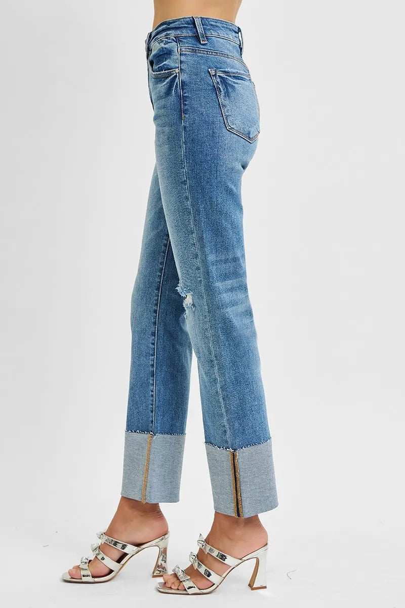RISEN Full Size High Rise Ankle Straight Wide Cuffed Jeans Plus Size - Trendsi - Flyclothing LLC
