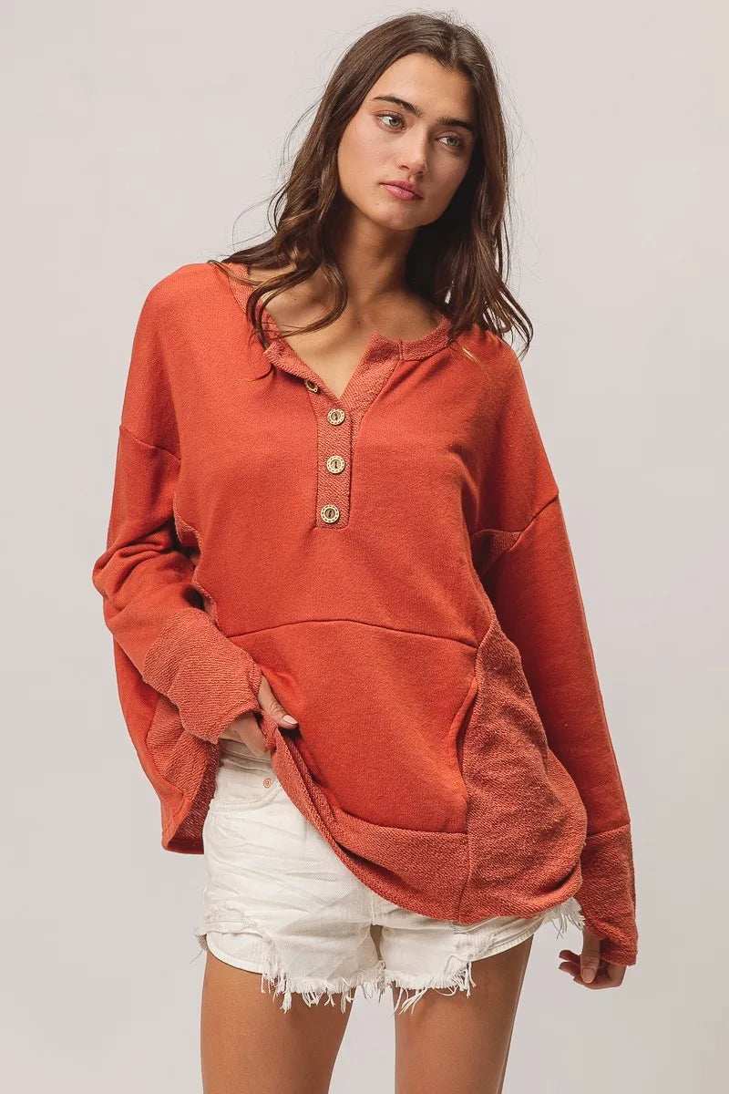 BiBi French Terry Knit Side Block Buttoned Henley Top - Trendsi - Flyclothing LLC