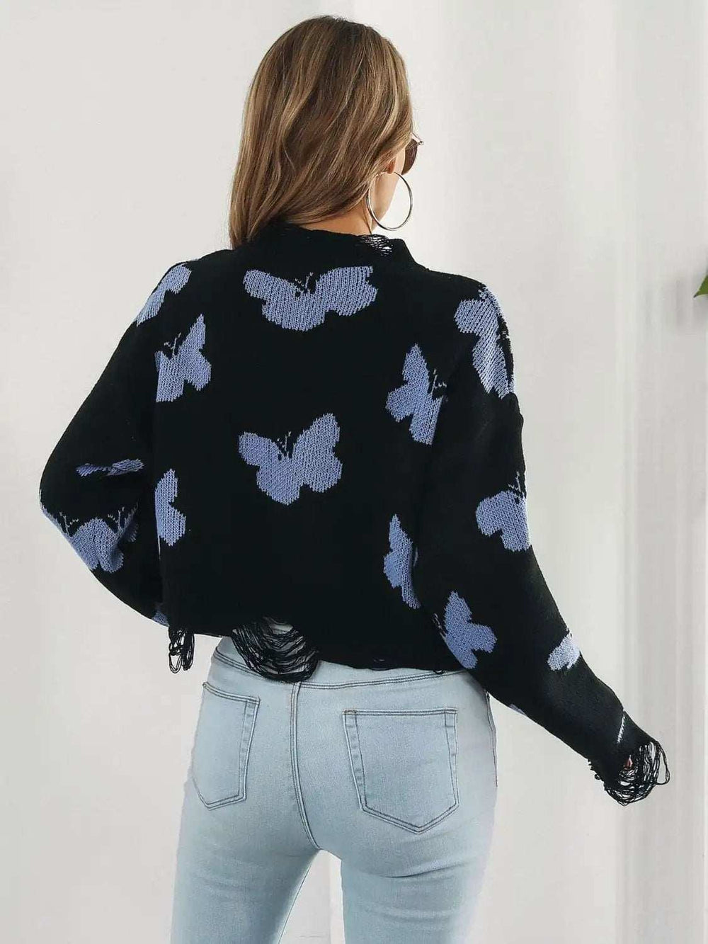 Distressed Butterfly Cropped Sweater - Trendsi - Flyclothing LLC