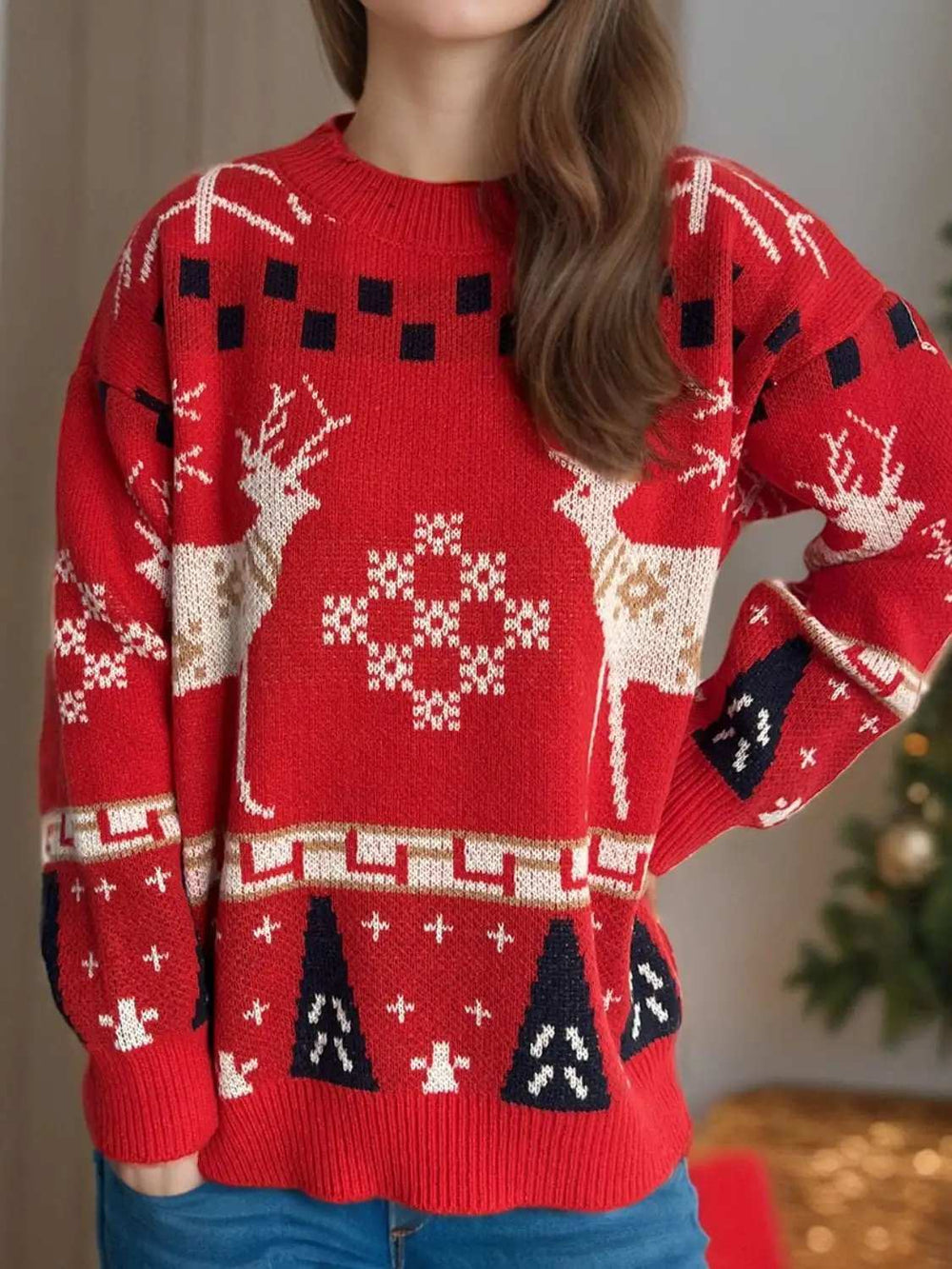 Christmas Element Round Neck Long Sleeve Sweater - Trendsi - Flyclothing LLC