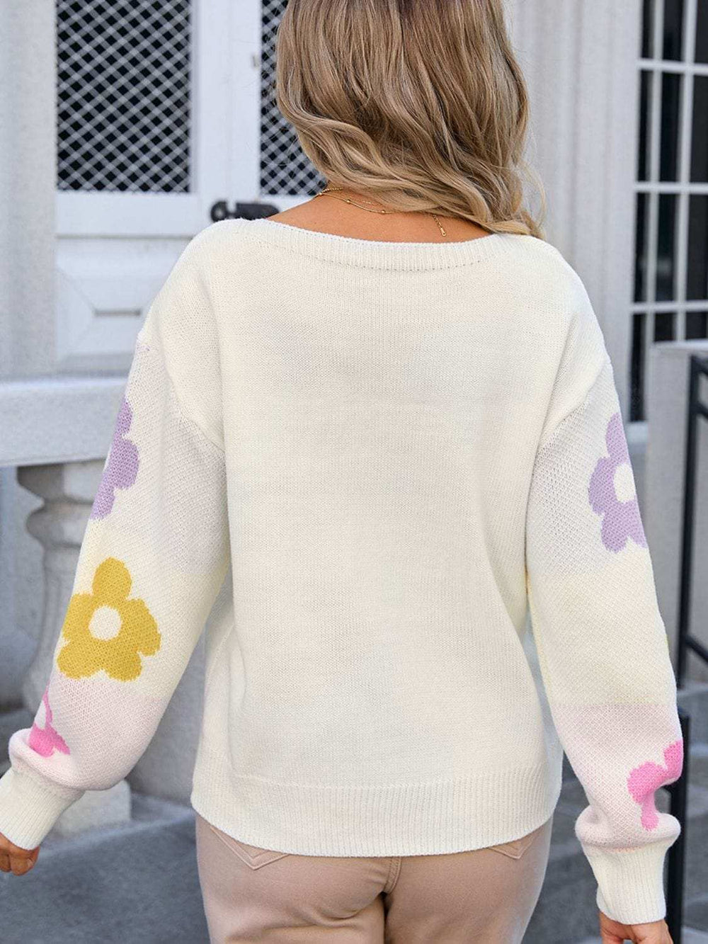 Angel Wings Flower Round Neck Dropped Shoulder Sweater - Trendsi - Flyclothing LLC