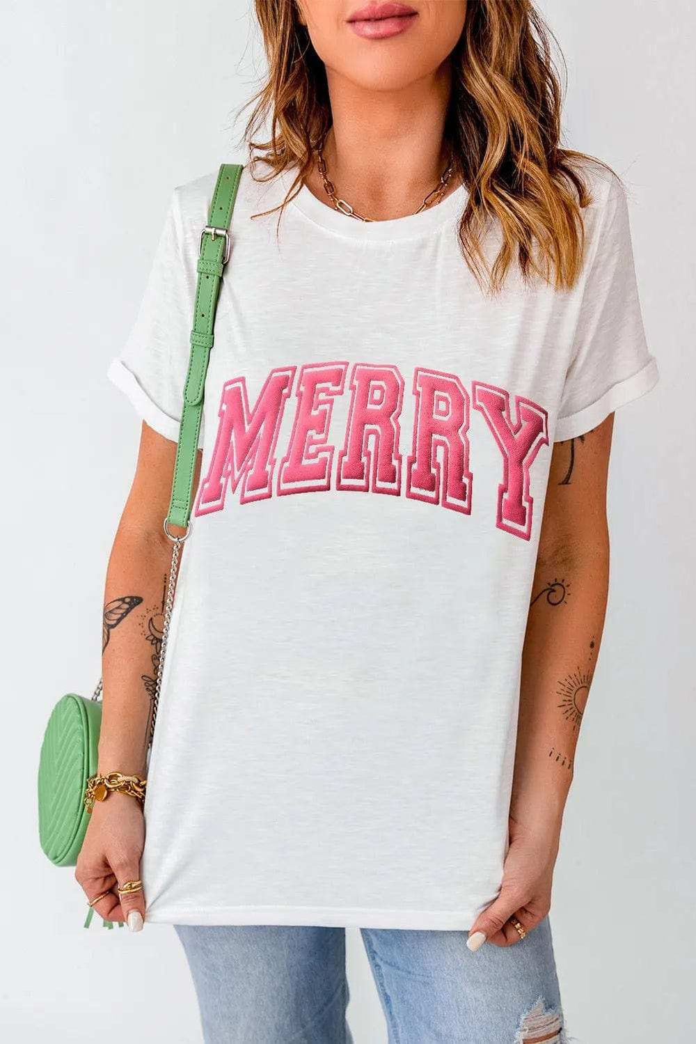 MERRY Round Neck Short Sleeve T-Shirt - Trendsi - Flyclothing LLC