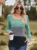 Color Block Square Neck Long Sleeve T-Shirt - Trendsi - Flyclothing LLC