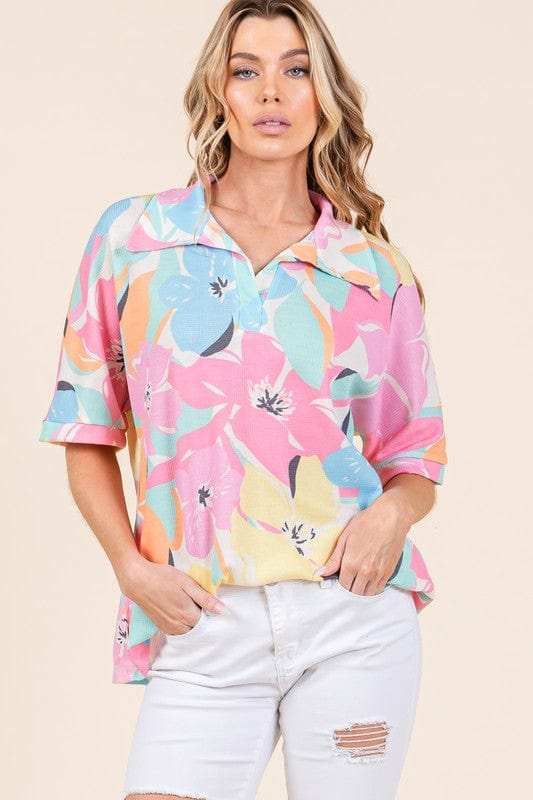 BOMBOM Floral Collared Neck Half Sleeve Top - Trendsi - Flyclothing LLC