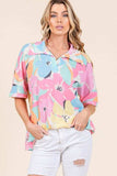 BOMBOM Floral Collared Neck Half Sleeve Top - Trendsi - Flyclothing LLC