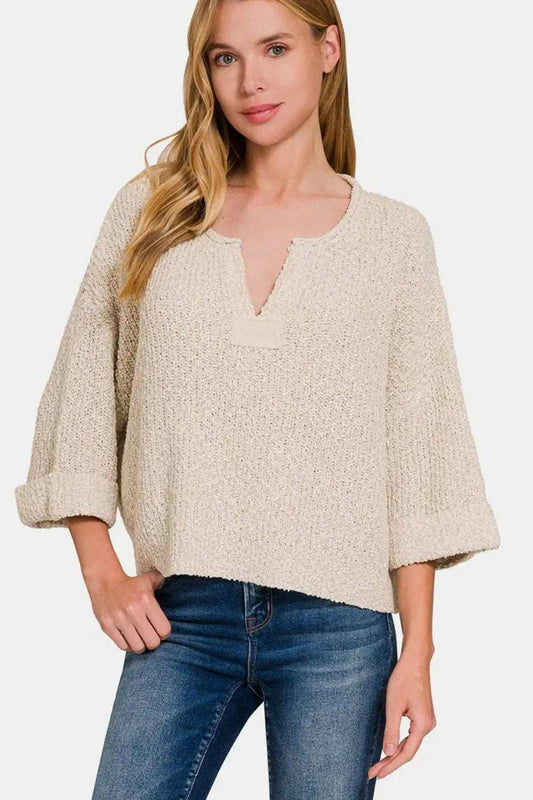 Zenana Notched Side Slit Patch Sweater - Trendsi - Flyclothing LLC