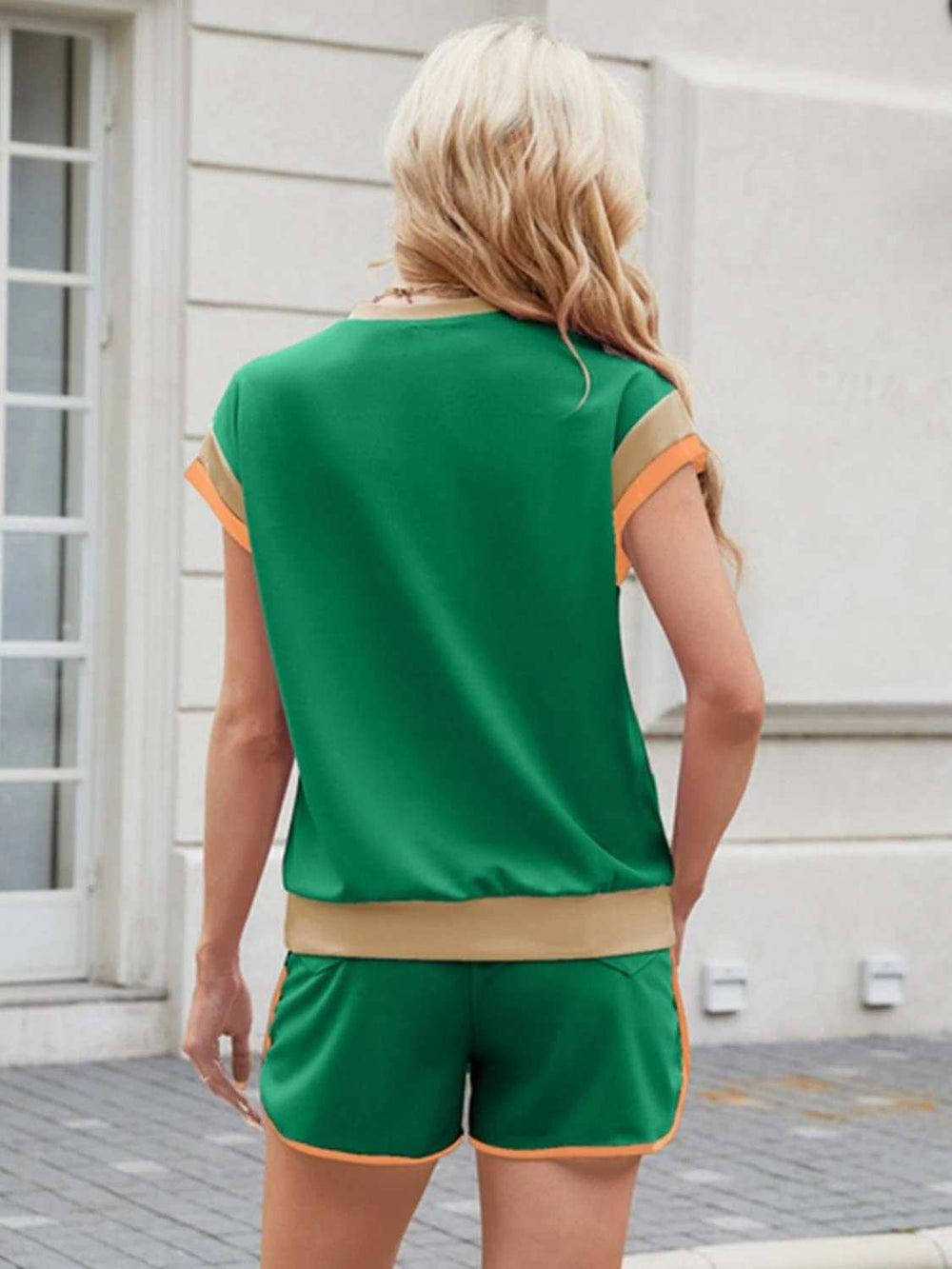 Contrast Round Neck Top and Shorts Set - Trendsi - Flyclothing LLC