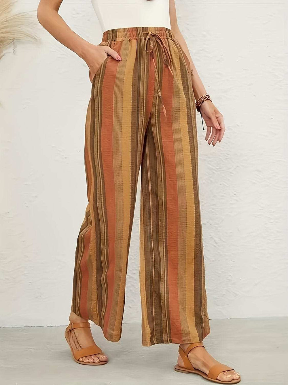 Full Size Drawstring Striped Wide Leg Pants - Trendsi - Flyclothing LLC