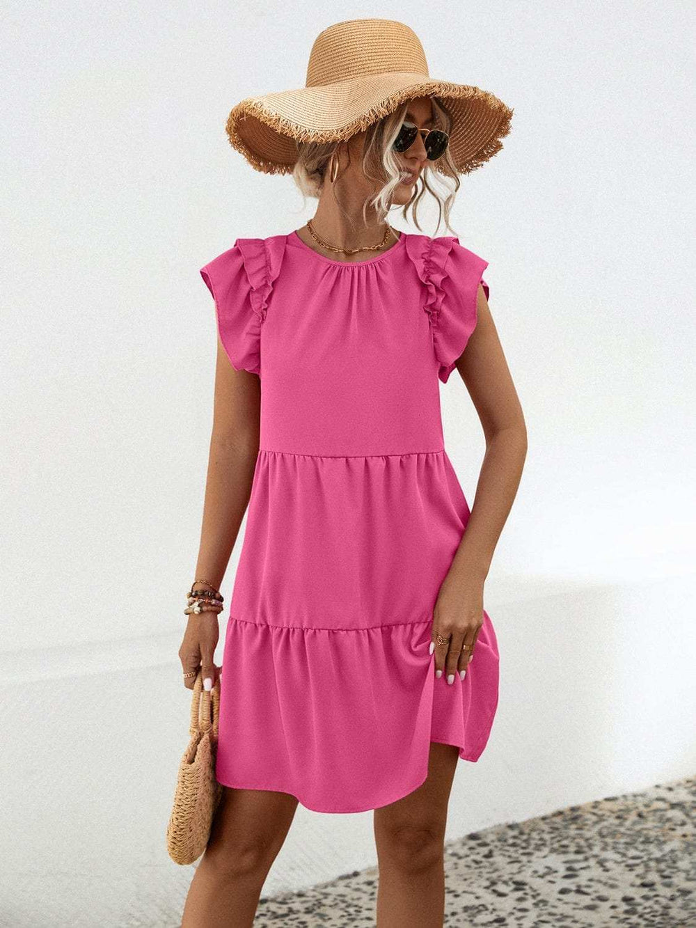 Ruffled Round Neck Cap Sleeve Mini Dress - Trendsi - Flyclothing LLC